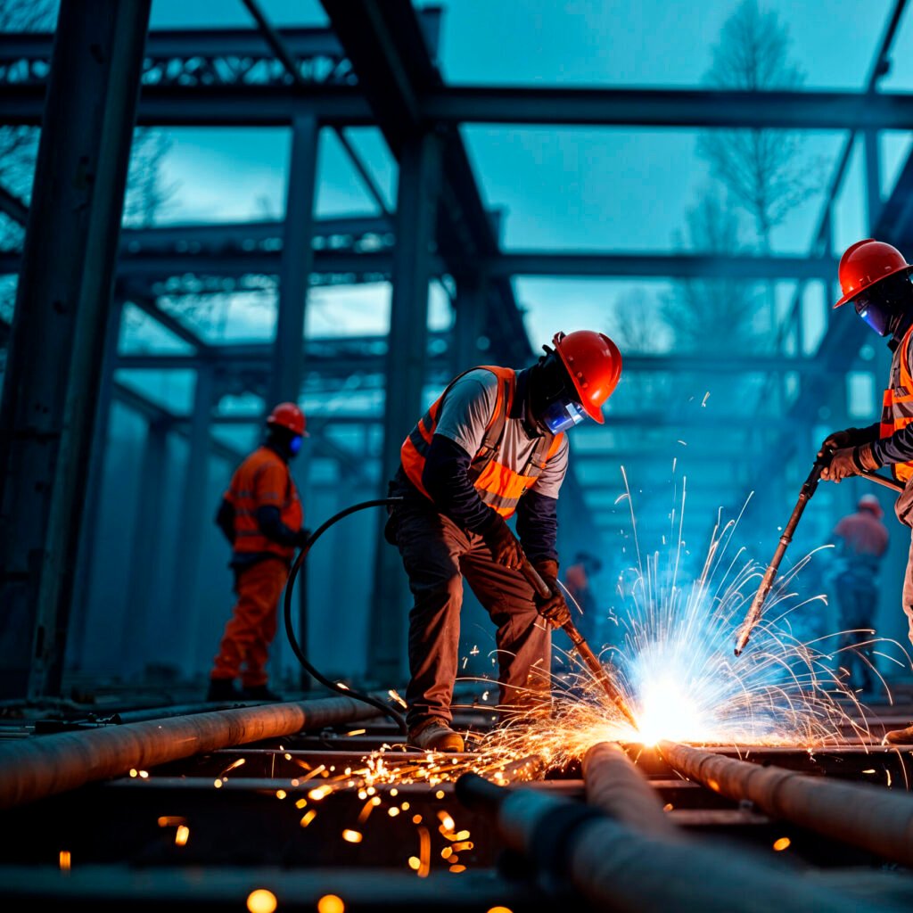 construction-workers-welding-steel-beams - Win Win Steel Fabrication Works Fabrikasi & Pembinaan Industri